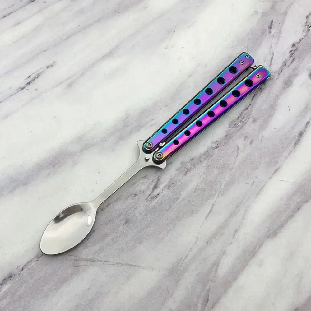 Durable Stainless Steel Folding Spoon Fork Practice Training Outdoor Balisong Training Tool Camping Tableware