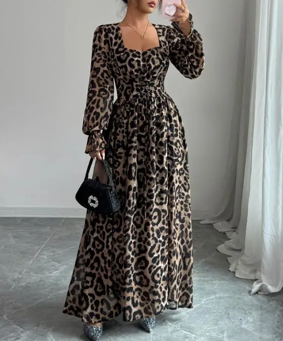 

Elegant Leopard Print Women's Long Sleeved Dress Autumn Square Collar Lace Up Waist Cinched Women's A-Line Long Sleeved Dress