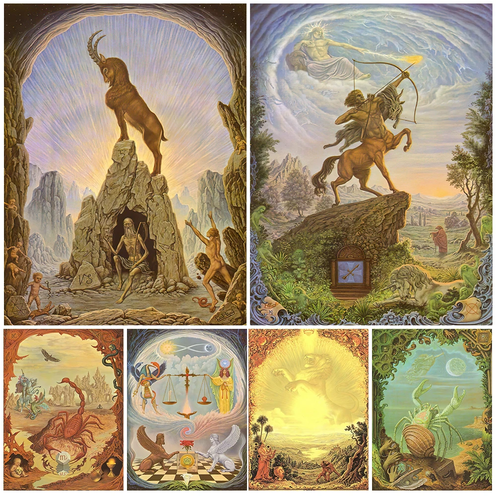 Staromodny plakat konstelacji zodiaku, druk na płótnie, grafika ścienna, astrologia, byk, strzelec, waga, panna, wodnik, plakat retro