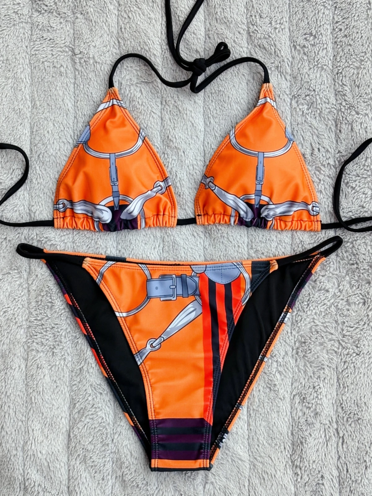 Luxury Sexy Orange Geometry Print Bikini 2 pieces Set Women Halter Elastic Thong Swimsuit Beach Bathing Suit Holiday Beachwear - Image 2