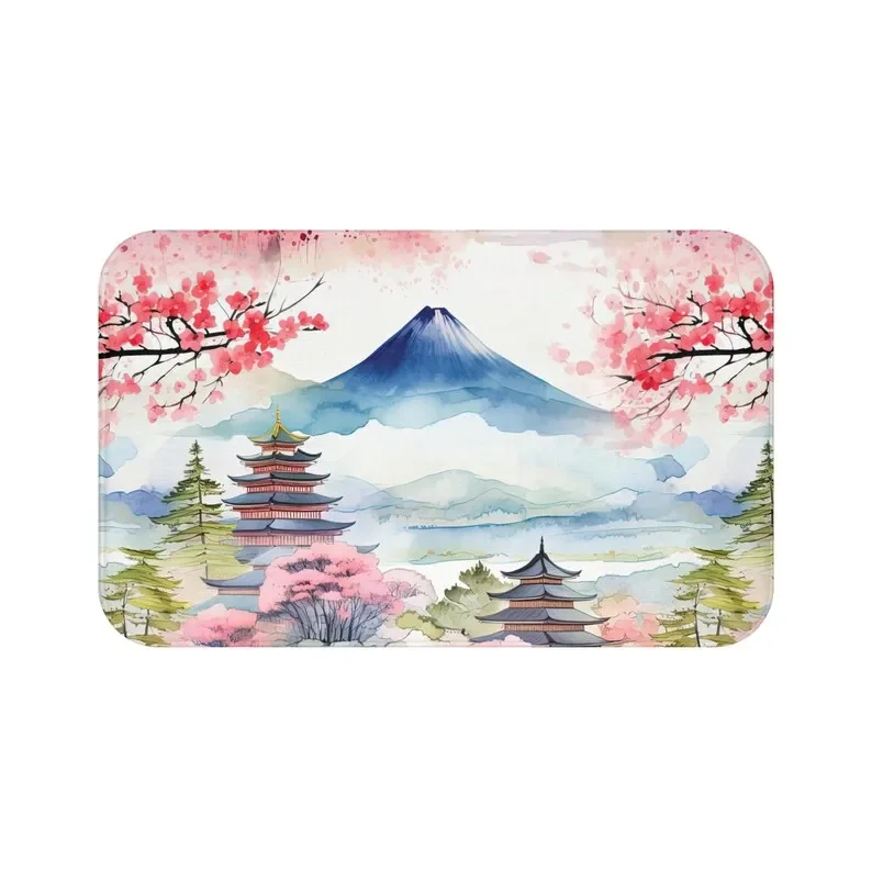 ​​Japanese Sakura Bath Mat – Mt Fuji & Temple Landscape Microfiber Shower Mat,  Japan-Inspired Gift for Women​