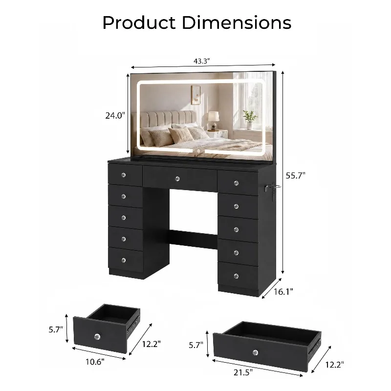 Black Makeup Vanity with Mirror and Lights,11 Drawers & Glass Top