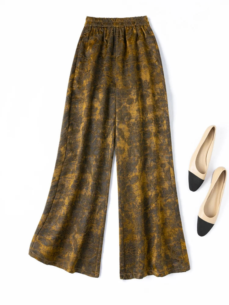 45MM Heavyweight 79% Natural Mulberry Silk Gambiered Guangdong Gauze Elastic Waist Gold Women's Fashionable Straight Leg Pants