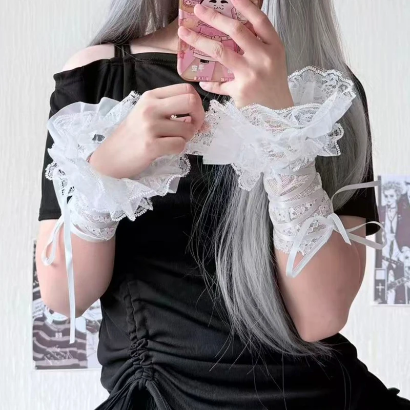 Esmalte de uñas con pantalla de Color, encaje Sexy con tiras, mangas acampanadas falsas decorativas, puños desmontables dulces para chica, accesorio para fotografía artística de uñas