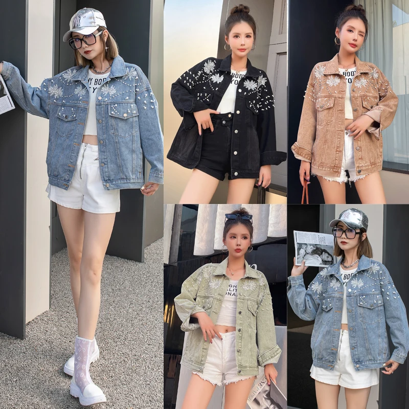 Autumn Winter Heavy Industry Nail Bead Denim Coat Women Retro Design Pearl Decor Single Breasted Style Cowboy Solid Jacket Top