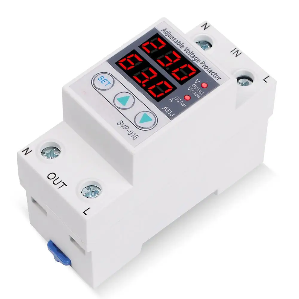 

SVP-916 Automatic Adjustable Voltage Relay Over Under Voltage Protection 40A 63A 80A ​Limit Current Dual Display Surge Protector
