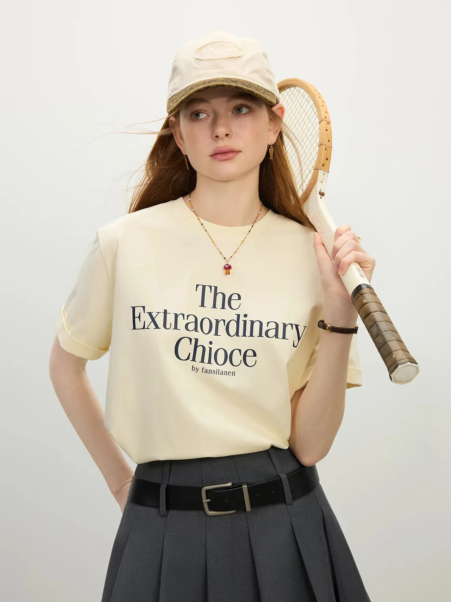 FSLE Round Neck Casual All-match Letter Short-sleeved T-shirt for Women 2025 Summer Vacation Season Fashionable Top 25FS12211