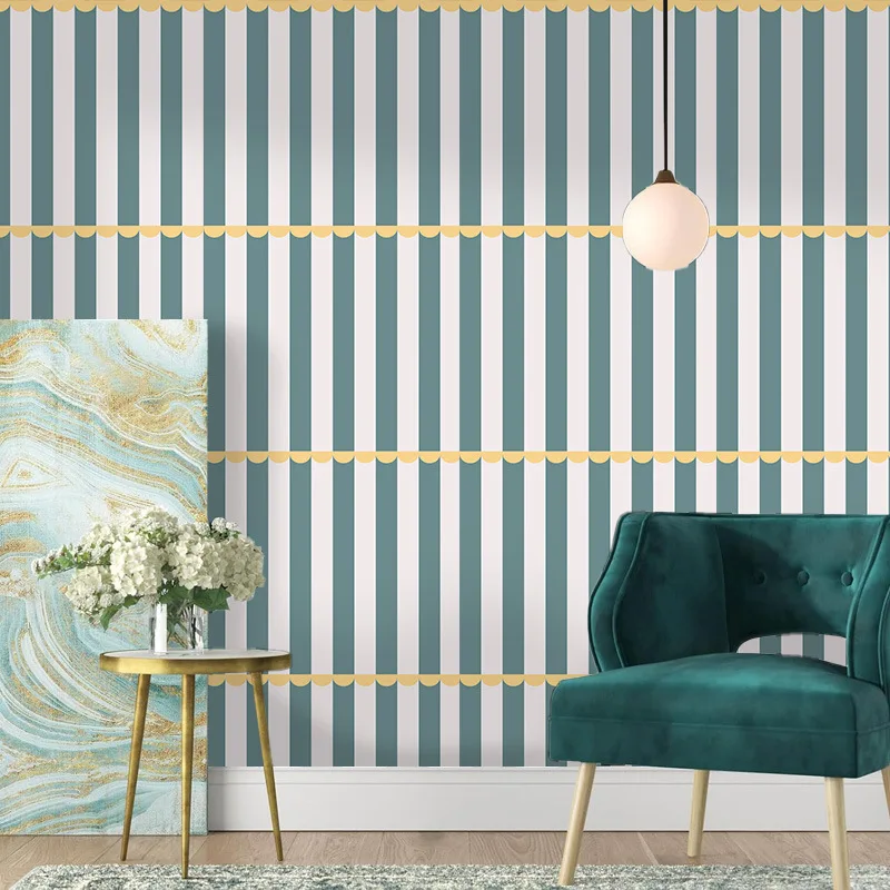Green White Vertical Stripe Peel and Stick Wallpaper Yellow Scalloped Border Removable Wall Sticker for Kids Room Nursery Home D