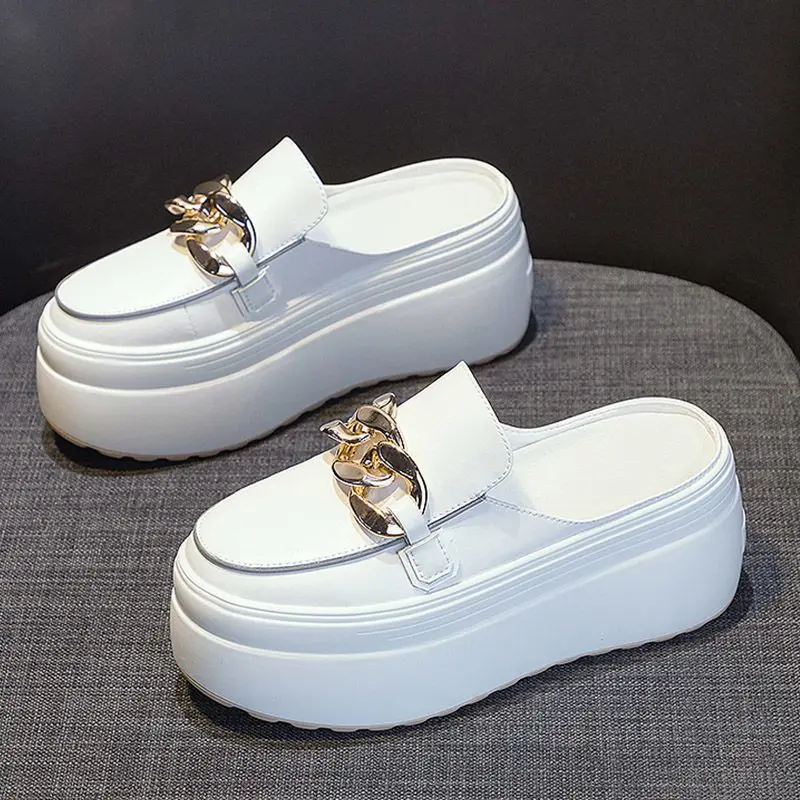 

Leather Chain Baotou Women's Half Slippers Fashion Summer Women Thick Sole Heightened Heel Free Sandals High Heel Slippers