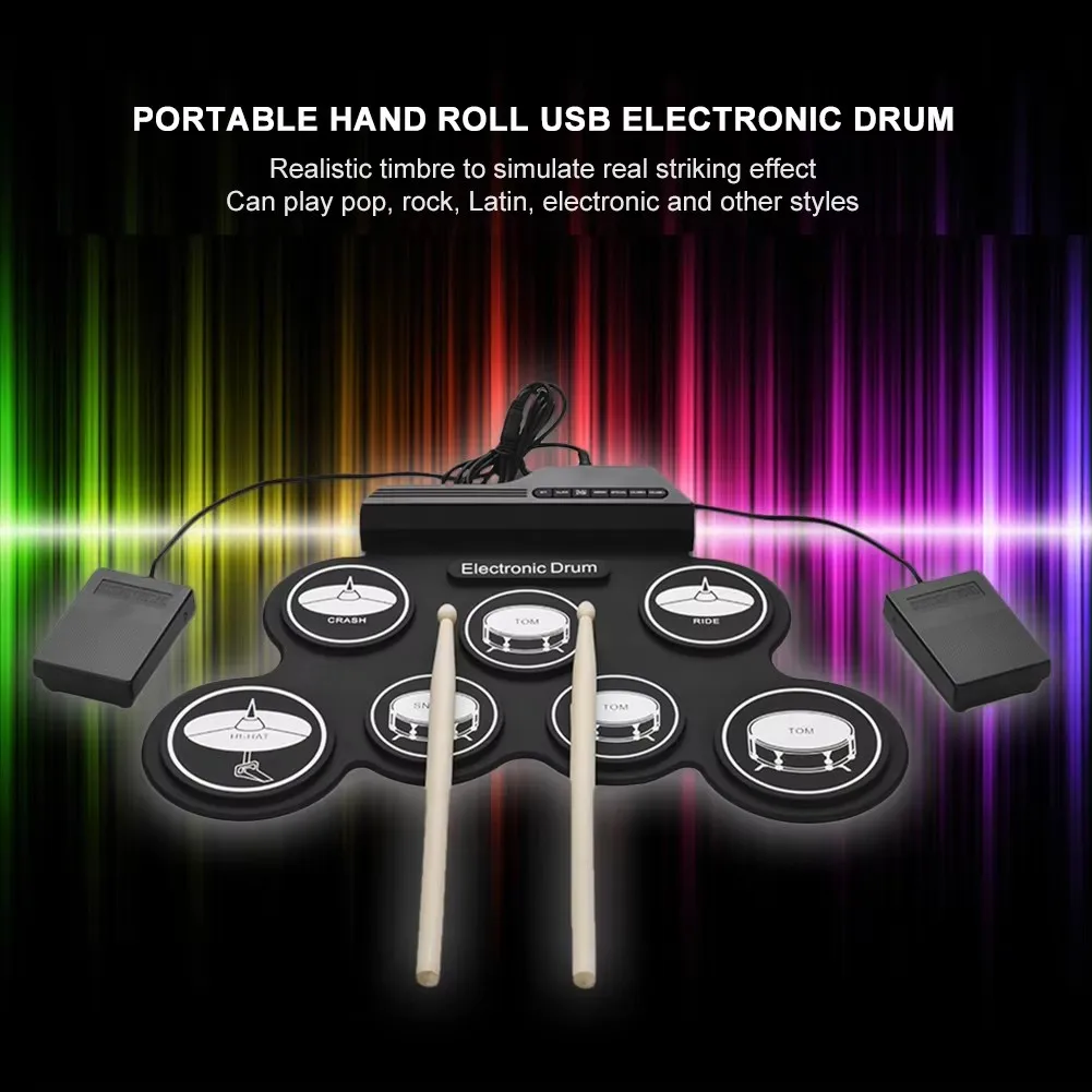 Folding Music Drums Hand Roll USB Electronic Silicon Drum Portable Practice Drums Kit 7-Pad Kit With Drumsticks Sustain Pedal