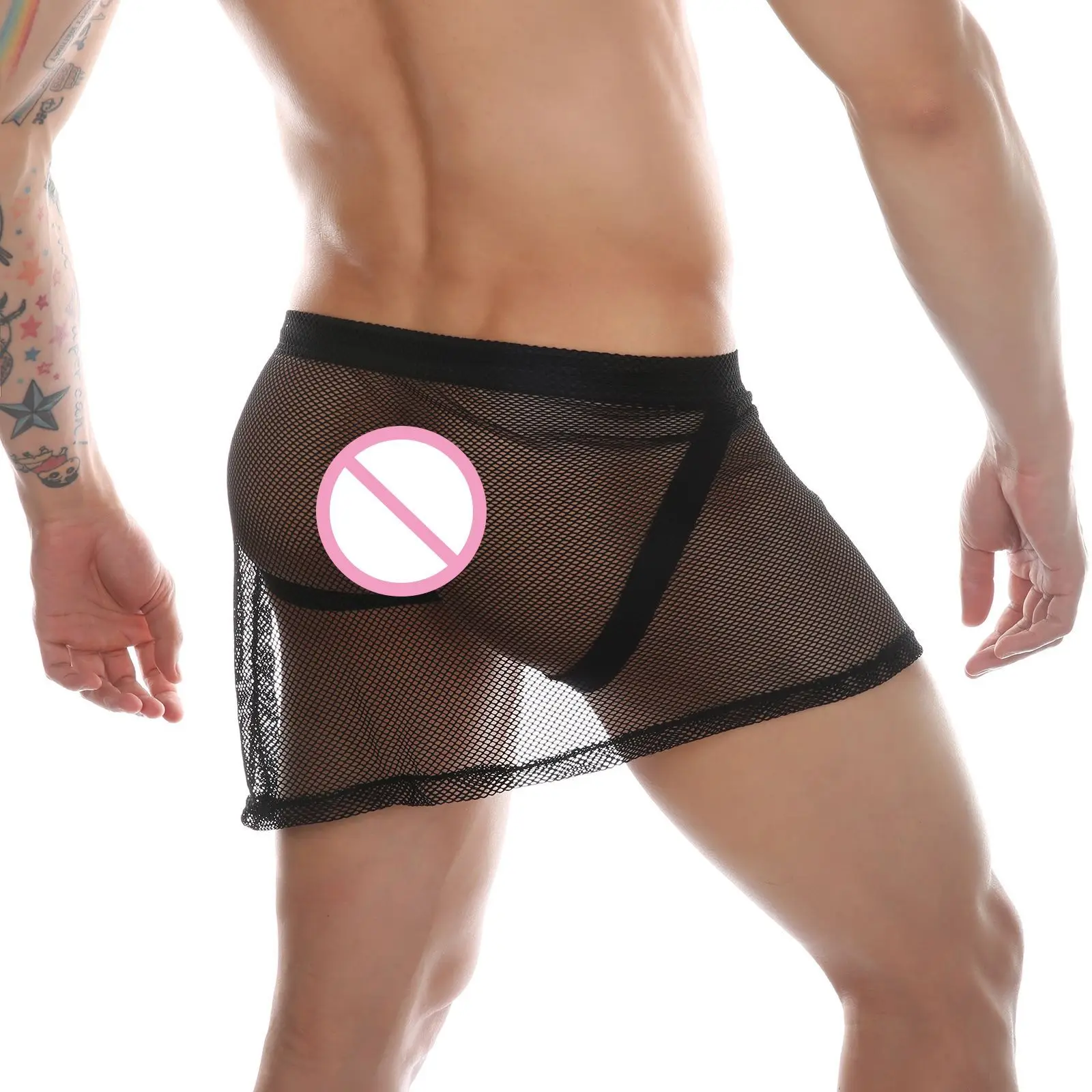 شبكة شير البسيطة الشق تنورة للرجال مثير الانتفاخ الحقيبة T الظهر ثونغ سيسي الصليب خلع الملابس 2 في 1 سراويل مثلي الجنس متعة شفافة g-سلسلة