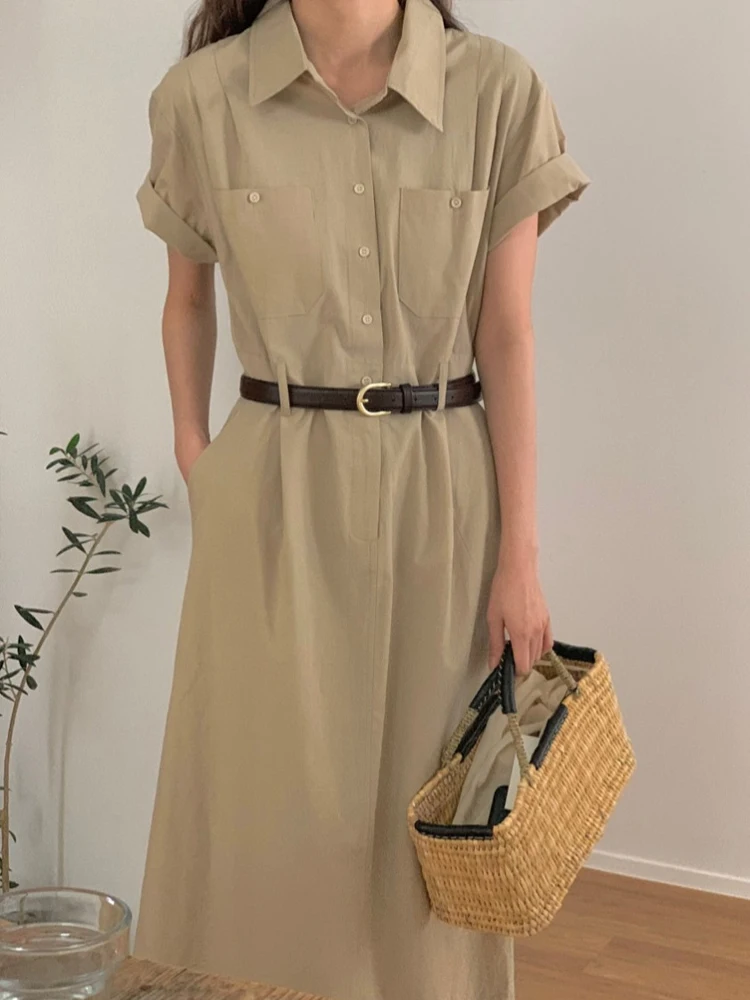 夏の新作レディースワンピース ヴィンテージカラー ダブルポケット バック スリット入り エラスティックハイウエスト Aライン ロングワンピース 韓国風 通勤