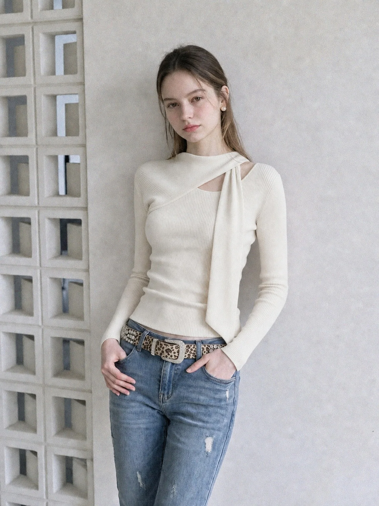 Elegant Women's Slim Fit Knitted Sweater in Beige with Asymmetrical Collar Long Sleeve Fashionable Top for Autumn Season
