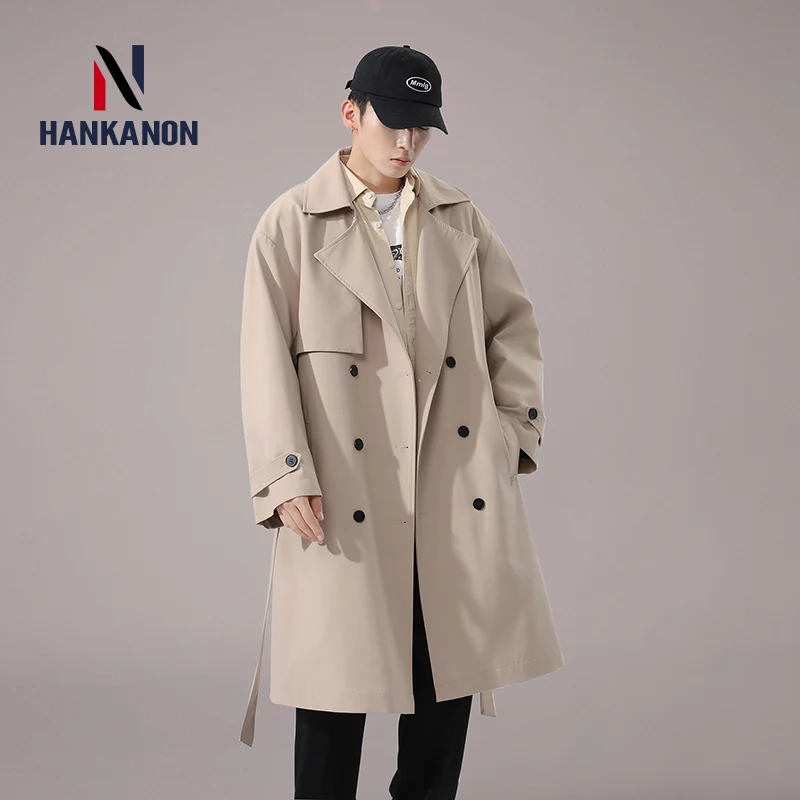

Business Casual Double-breasted Men's Long Trench Coat. Solid Color Elongated Jacket, Youthful Classic Trench Coat.Oversized
