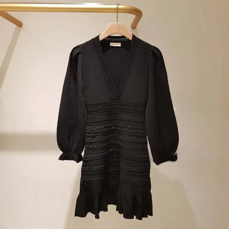 

Spring New Arrival Women's Dress S Home 23 Lantern Sleeve Hollow out Design High Waist A-Line Skirt OL Style V-Neck Long Sleeve