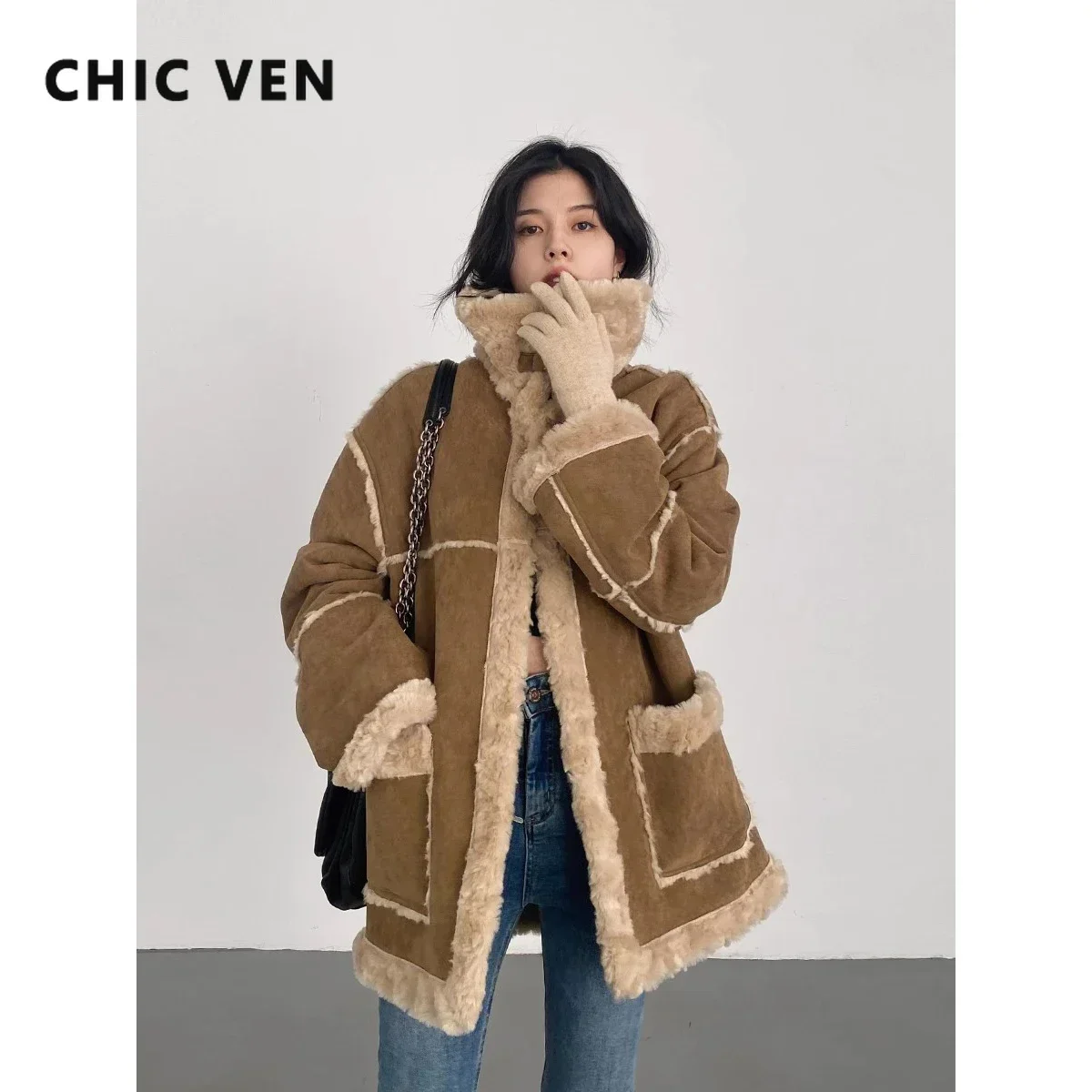 CHIC VEN Women\'s Jackets Vintage Stand Collar Suede Contrast Stitching Casual Outwear Motorcycle Coat Women Winter Autumn 2023