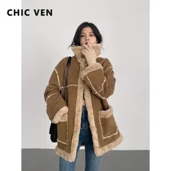 CHIC VEN Women's Jackets Vintage Stand Collar Suede Contrast Stitching Casual Outwear Motorcycle Coat Women Winter Autumn 2023