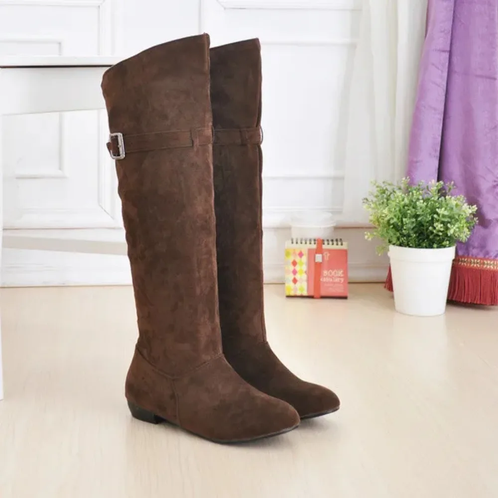 Botas Mujer Style Knee High Boots Women Round Toe Flat Heel Fahsion Belt Buckle Femme Black Yellow Brown Long Boots 822