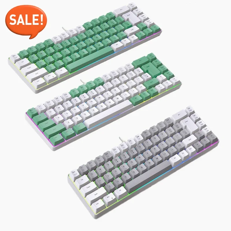 

RGB keyboard 68 keys gaming pc mini keyboards computer wired computer usb key board （White&Green）