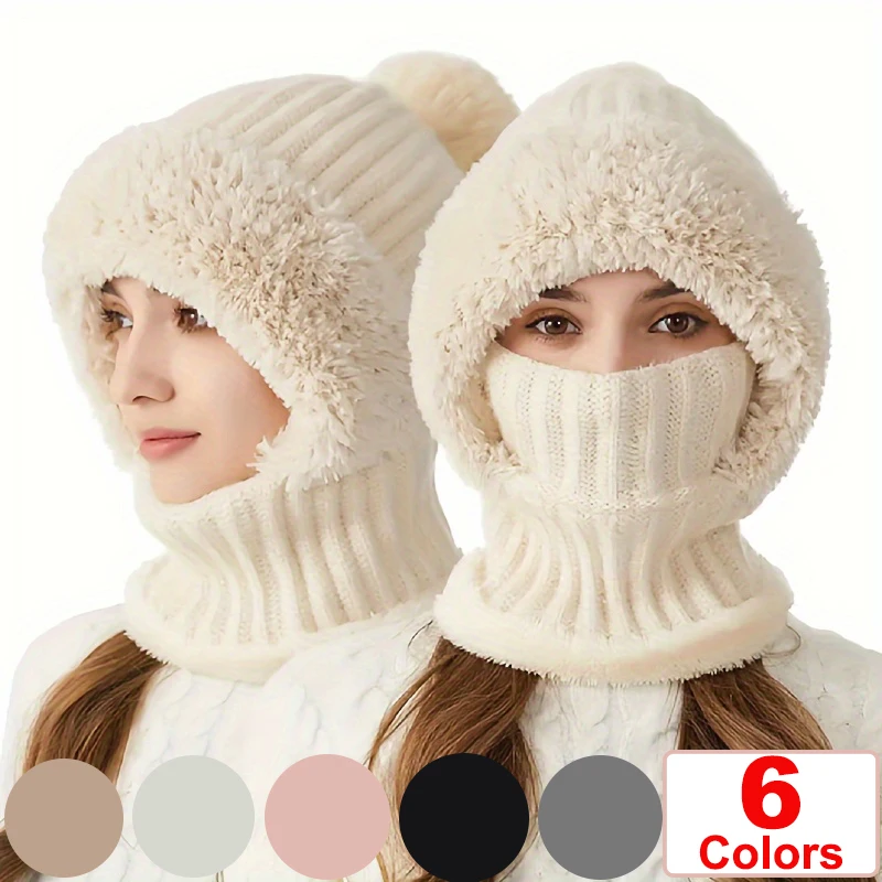 Winter Warm Cycling Hat Face Mask Cold-proof Thermal knitting Plush Balaclava Hat Hooded Neck Warmer Outdoor Hike Cycling Cap