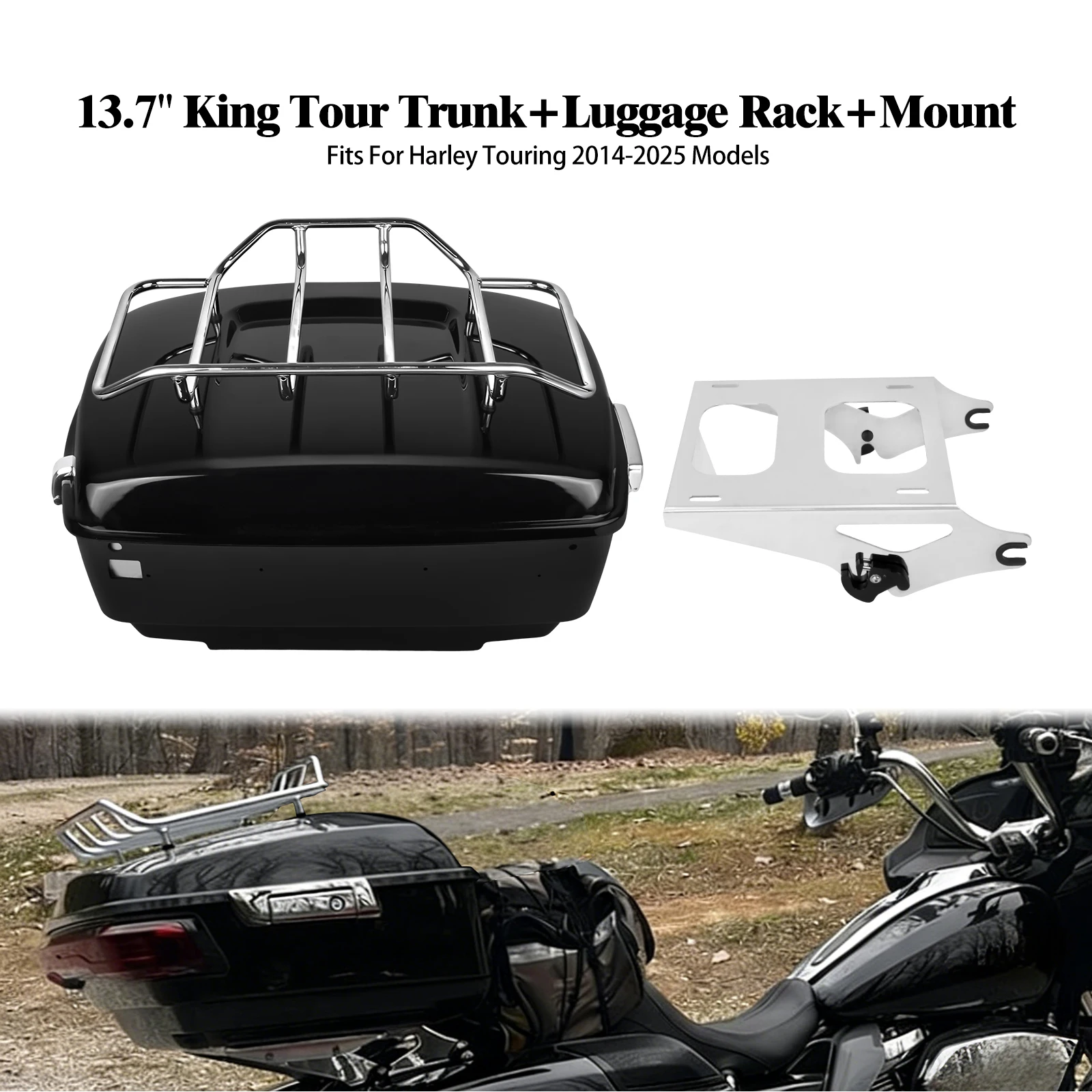 

13.7" King Tour Trunk+Luggage Rack+Mount Rear Top Bags Box With Latches Motorcycle For Harley Touring Road Electra Glide 14-2025