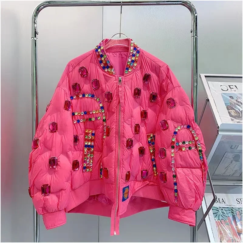 Winter Ruffles Mesh Stitching Rainbow Diamonds Parkas Jacket Gauze Pleated Gemstones Cotton-padded Coat Zippers Crystal Outwear