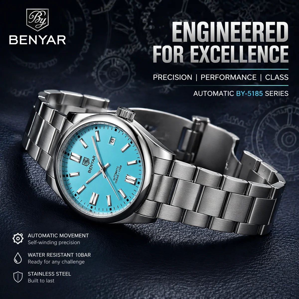 BENYAR New Luxury Automatic Watch 10Bar Waterproof Stainless Steel Men Mechanical Wristwatches Sports Diving Watch for Men