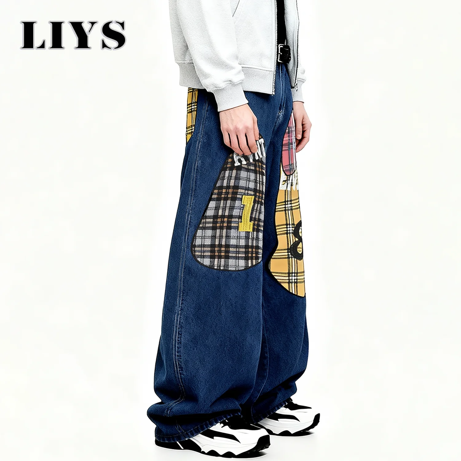 جديد الرجال الموضة الأزرق الرجعية فضفاض واسعة الساق الجينز الكورية الشارع منقوشة التصحيح النسيج العصرية العلامة التجارية الدنيم السراويل للجنسين الذكور الملابس #5