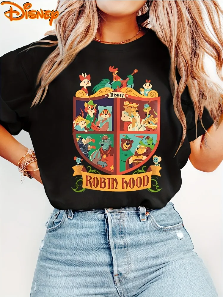 

Disney Women's Robin Hood Shield Four-Panel Print Crew Neck T-Shirt Fashionable Casual Versatile Vintage-Style Top Shirt