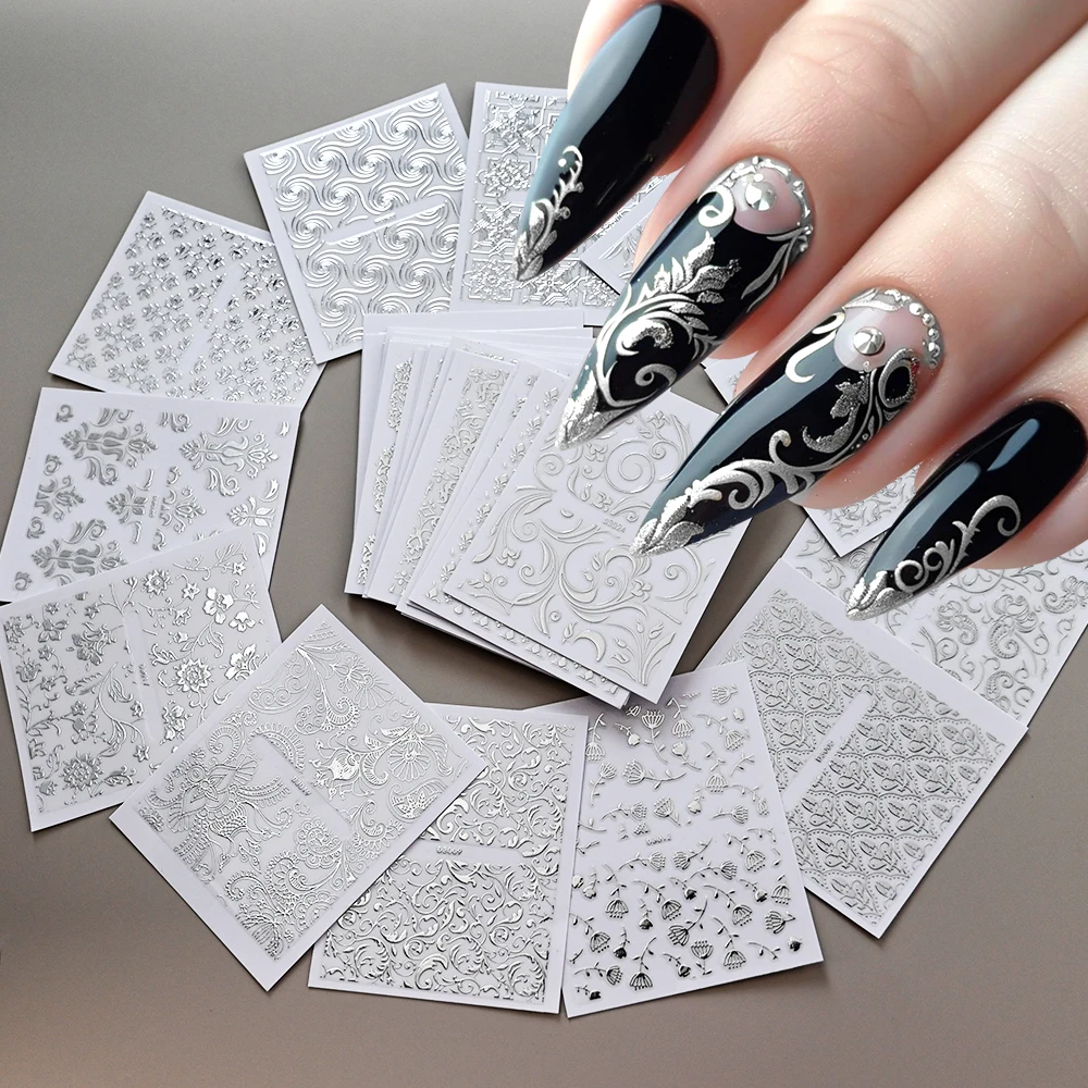 30pcs Silver Lace Fishnet ดอกไม้เล็บชุดสติกเกอร์เซ็กซี่ Hollow Mandala รูปแบบเล็บ Slider Decals DIY เล็บ Charm ตกแต่ง