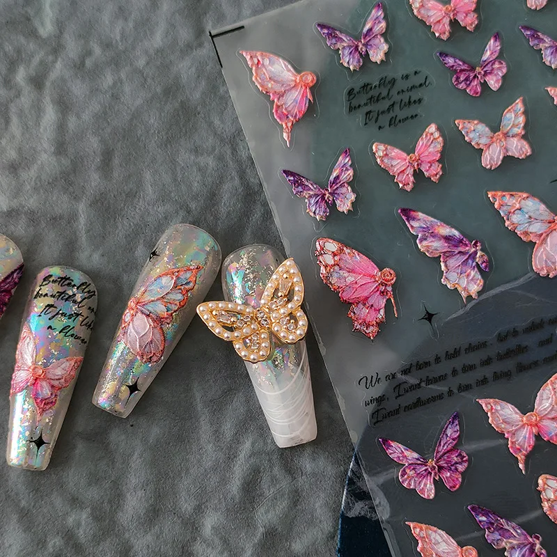 5D Acrylic Engraved Butterfly Fairy Nail Stickers Elegant Pink Blue Butterfly Letter Sliders Self-Adhesive Vivid Manicure Decal