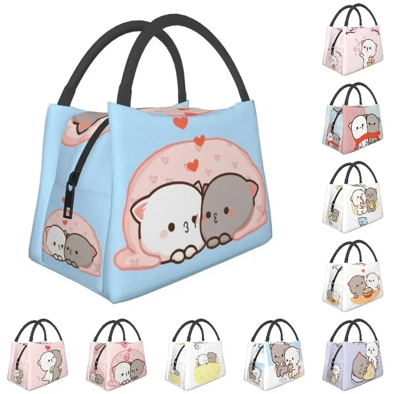 

Custom Cute Couple Cat Mochi Peach And Goma Lunch Bag Women Warm Cooler Insulated Box for Picnic Camping Work Travel