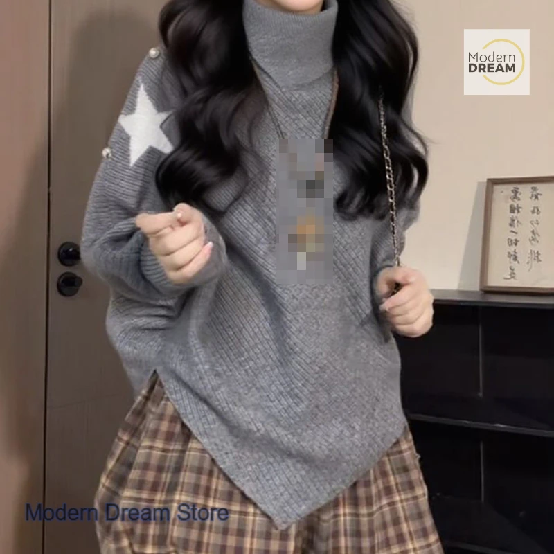 

Korean grey turtleneck cloak top women's autumn and winter design sense niche lazy wind irregular long-sleeved sweater sweater