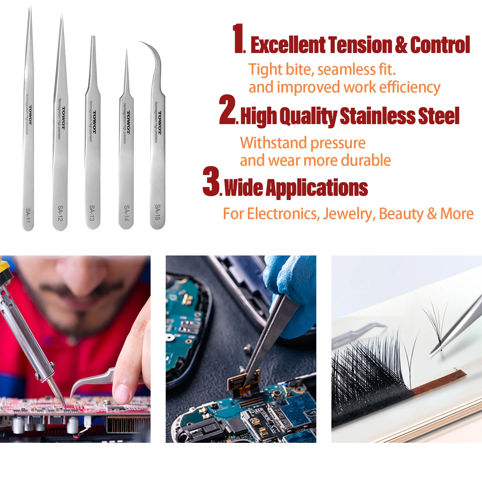 TOWOT Precision Tweezers, Stainless Steel Pointed Tweezers for Craft, Electronics, Soldering, Medical and Experimental Work, Jew