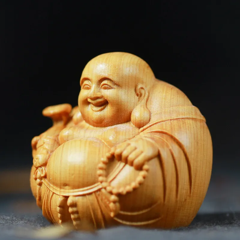 Tallado en madera Buda Maitreya, adornos de escritorio en miniatura, artesanía de Buda riendo de madera, regalo, mango de estilo chino, suministros