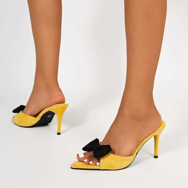 Sexy Thin High Heels Women Slippers Suede Bow Party Stripper Sandals Summer Open Toe Slip on Wedding Slide Shoes