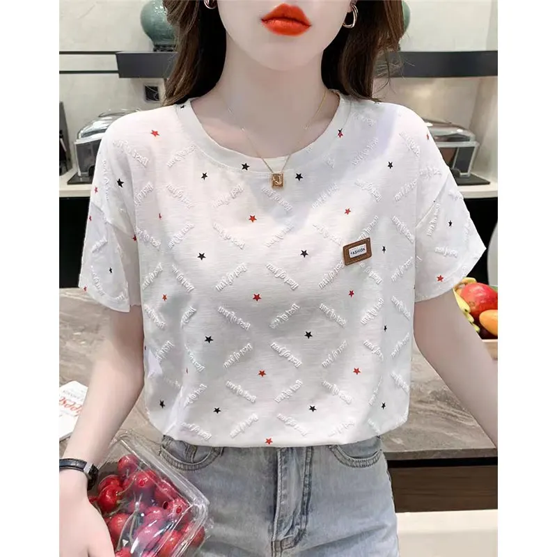 women\'s Summer Fashion Simplicity printing O-neck short sleeve T-Shirt women clothes Casual All-match temperament Loose Tops