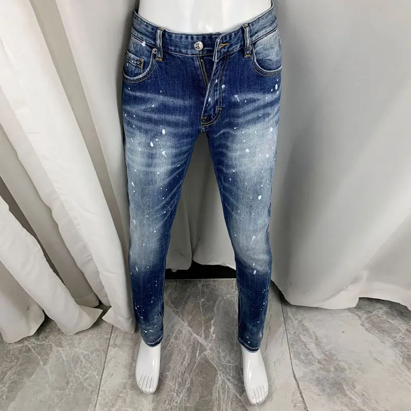 Men Bright Blue Gradient Whisker Wash White Splatter Paint Stretch Skinny Denim Jeans Casual Hip‑Hop Street Denim JeansY2K