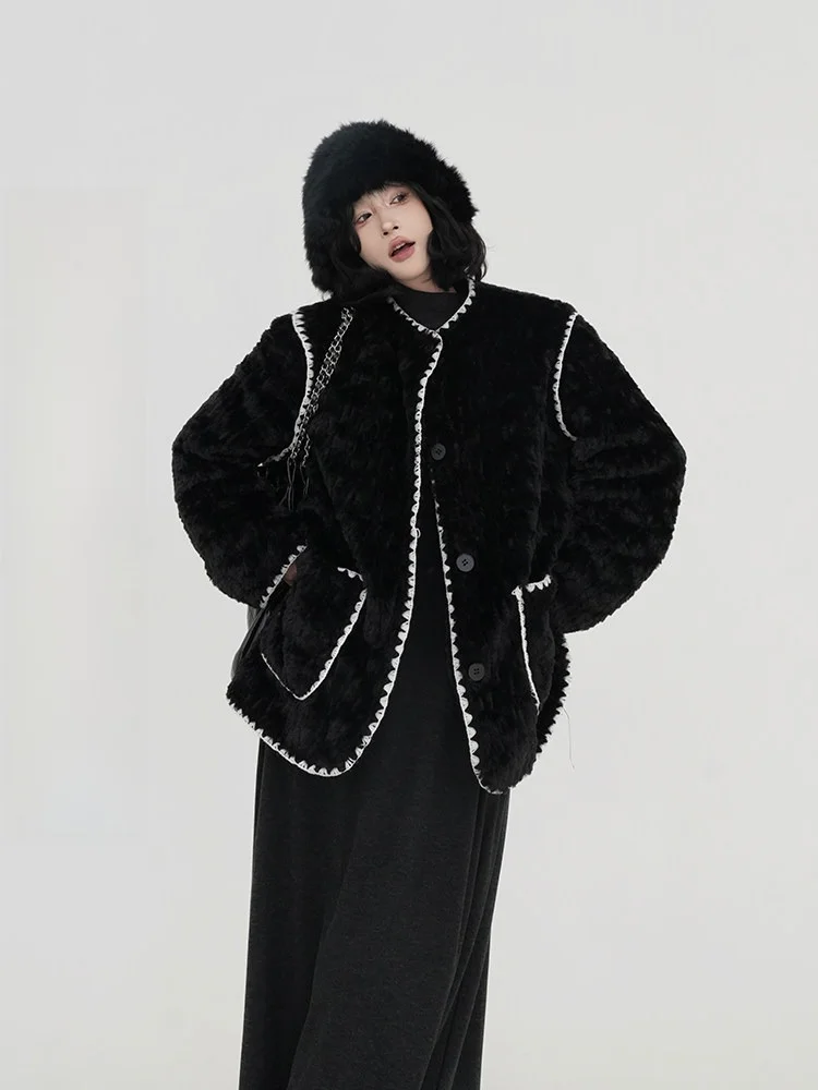 

Wutong Bla Fluffy round Ne Thiened Cotton Jaet Women's Autumn Winter Korean Sle Loose Open Cardigan Top