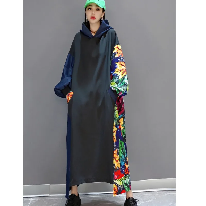 Women Long Sleeves Hooded Sweatshist Dress Loose Mid-length Printing Denim Sweatshist Blue 2024 Spring Autumn LX494S