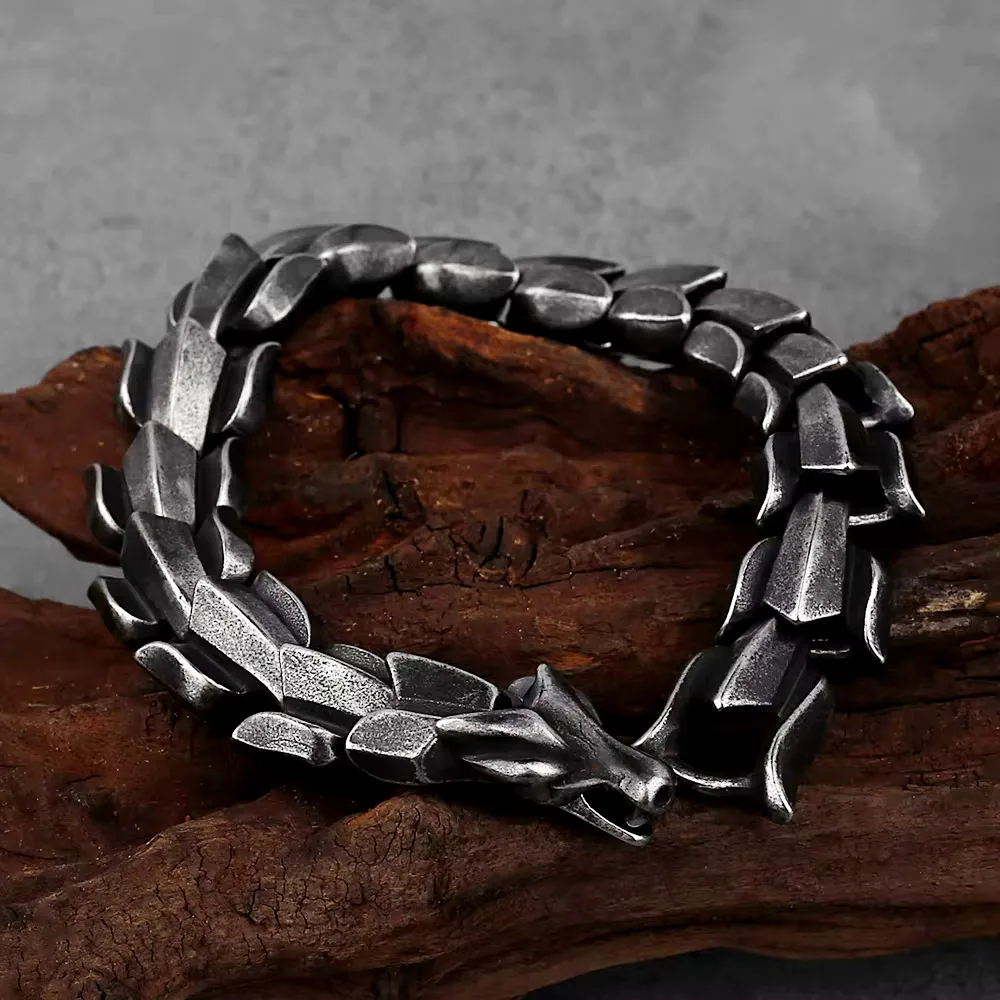 Vikings Ouroboros Bracelet Stainless Steel Gothic Punk Dragon Scale Heavy Chain Bangle For Men Nordic Myth Biker Fashion Jewelry