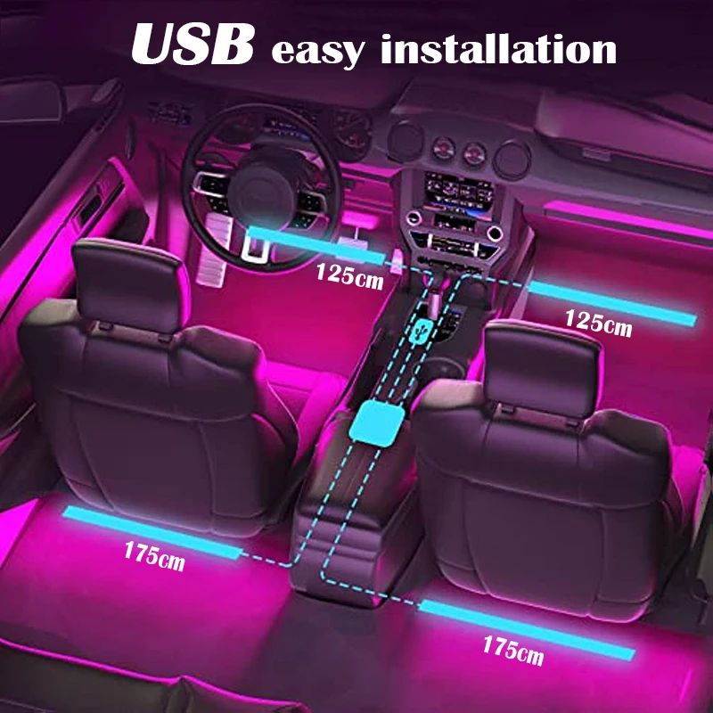 Tira de Luces LED para Coche con Música, 48 LED, Control por Aplicación Bluetooth Inteligente USB, Impermeable, Multicolor RGB, Tira de Luces Ambientales para Interior de Coche