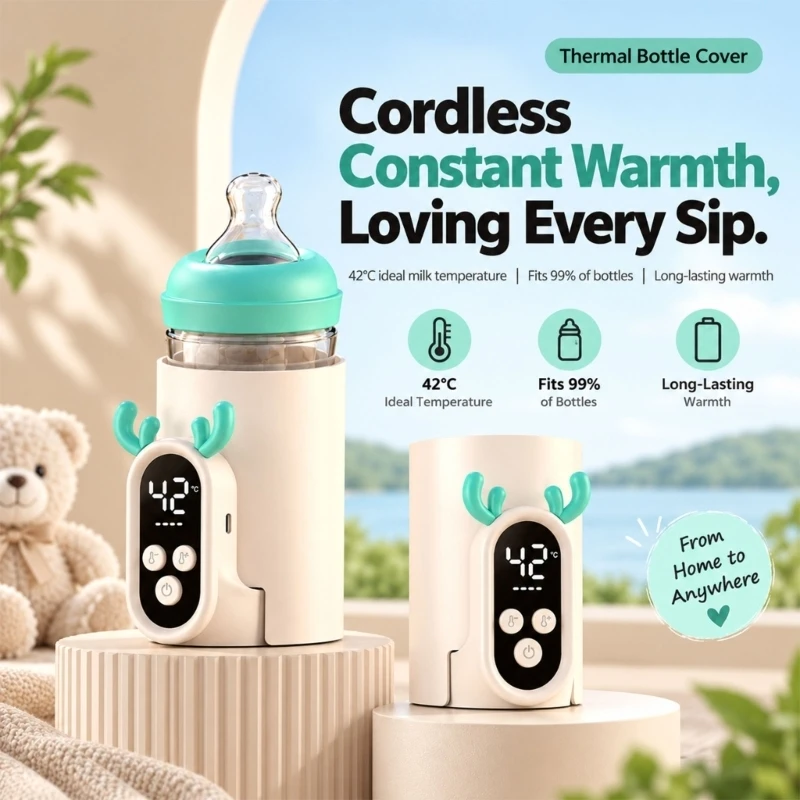 Portable Baby Bottle Warming Sleeve with Wraparound Heating, 16 Selectable Heating Options, Digital Display, and USB Power A2UB