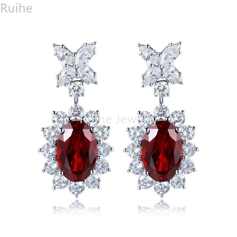 Ruihe New Fashion 9k Gold A Pair Total 8.98ct Oval Lab Grown Ruby Earrings for Women Party Jeweley Personalizado Wedding Gift