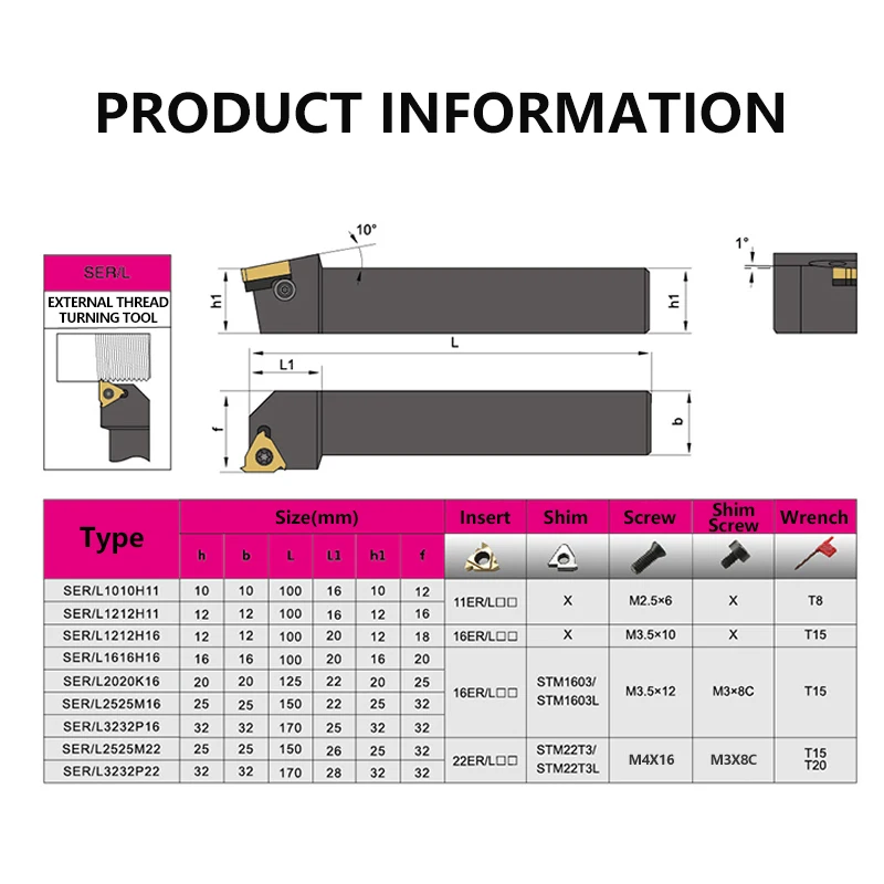 1pc SER1212H11 SER1616H11 SER External Thread Turning Tools Lathe Cutter 11ER Carbide Inserts CNC Holder Set