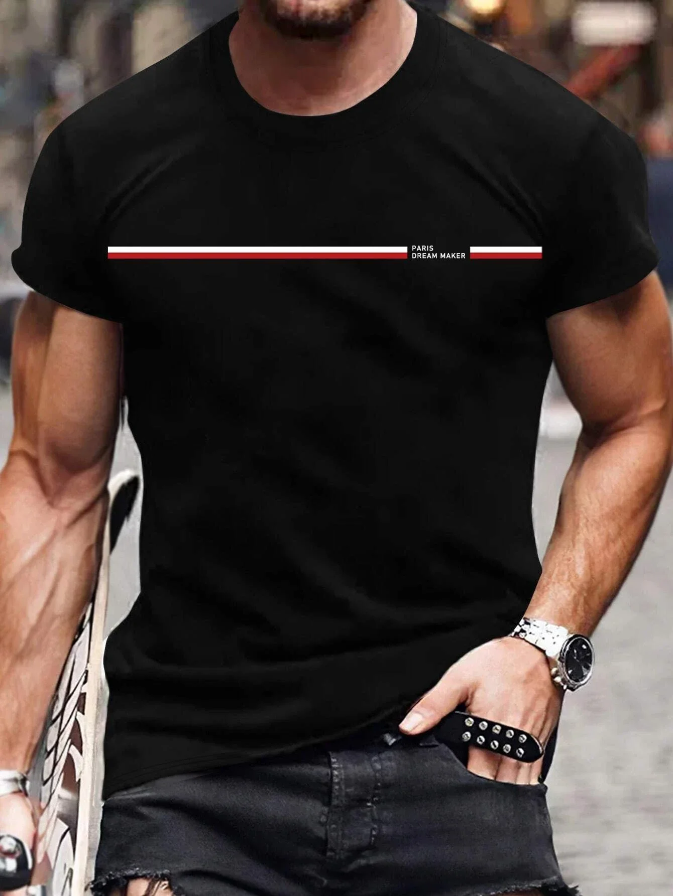 تي شيرت رجالي صيفي فضفاض مقاس كبير مطبوع عليه حروف باريس بقصة ضيقة كاجوال رياضي برقبة دائرية وأكمام قصيرة