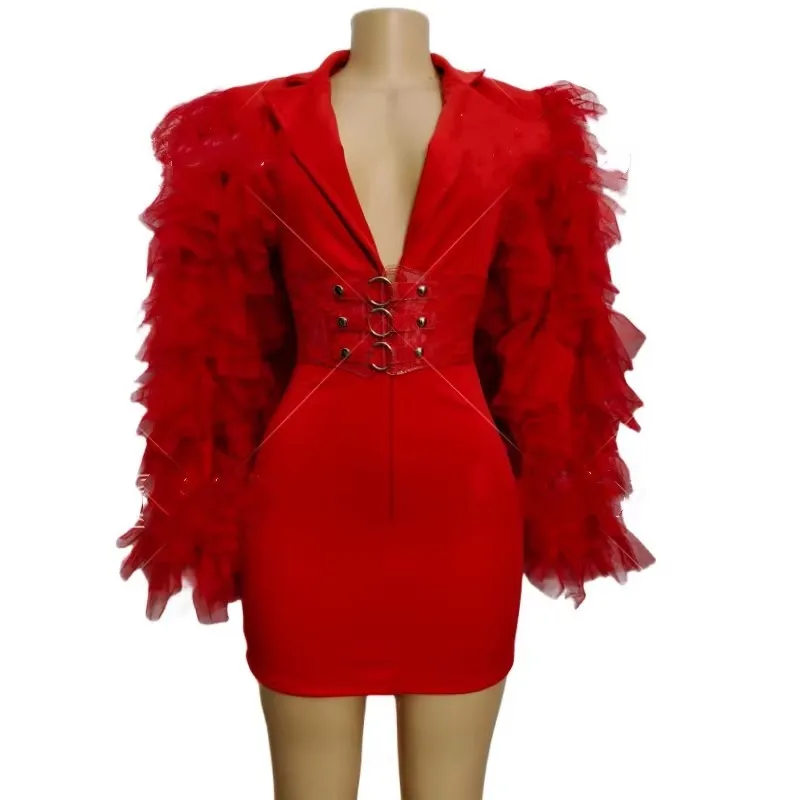 

Women's Red Puff Sleeve Bodycon Jumpsuit Short Dress for Singer Concert Stage Birthday Prom Evening Party Celebrate Bar Show