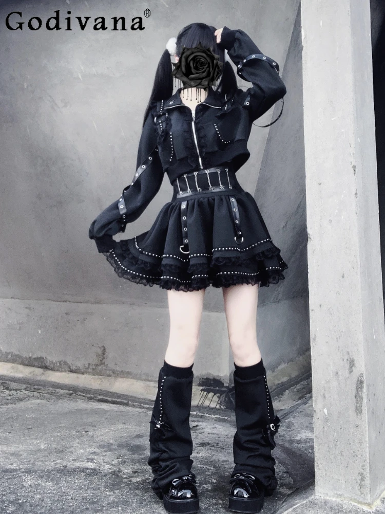 Subculture Black Gothic Sweet Cool Skirt Jacket Leg Warmers Set Spring Autumn New Fashion Sportswear Girls Women's Streetwear