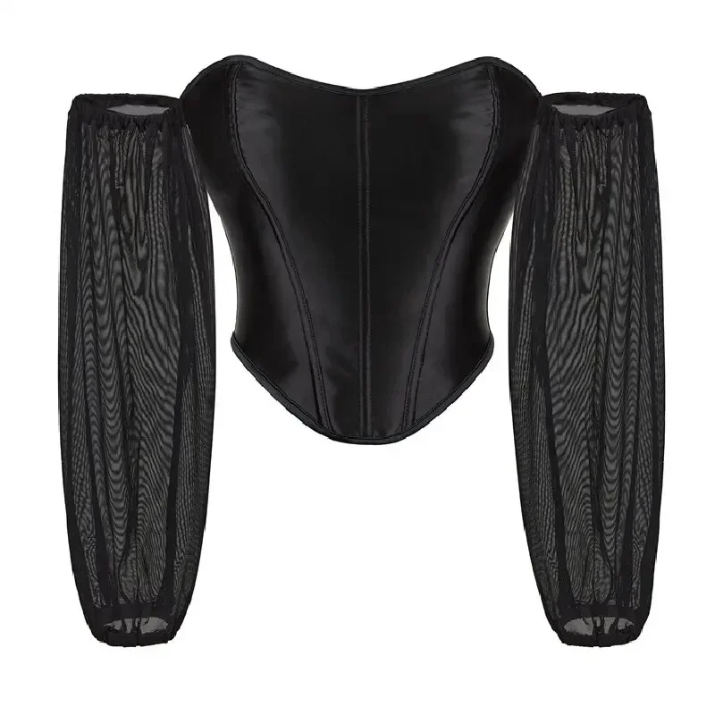 

Women's Lace Corset Patchwork Long Sleeve Bustier Crop Top Tees Sheer Sweetheart Neck Asymmetrical Bustier T-Shirts