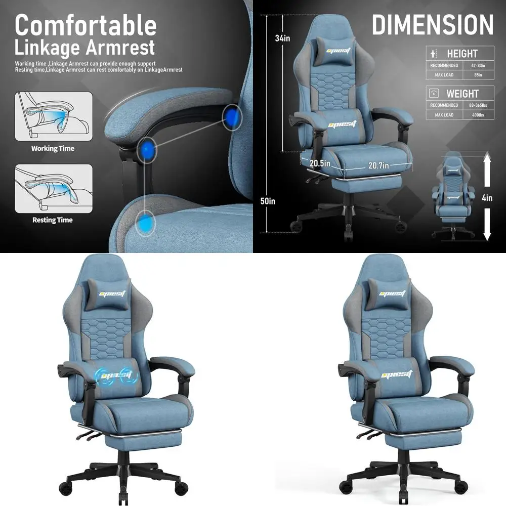 

Эргономичное игровое кресло с поясничной поддержкой, регулировкой высоты, с функцией массажа (синее), включает подставку для ног, для взрослых